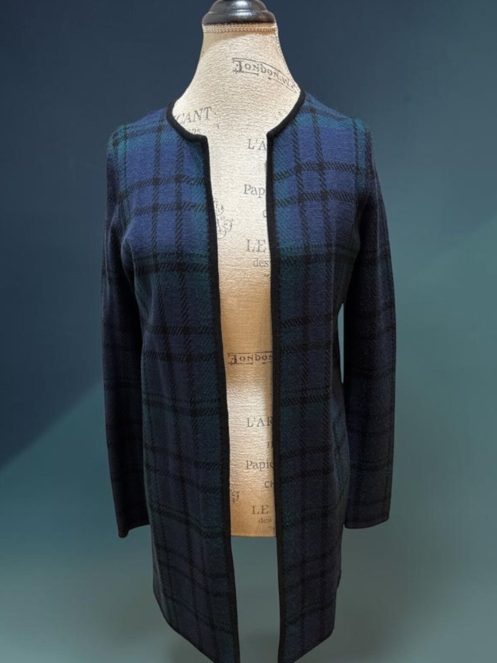 Talbots Sz S Blue, Green & Black Plaid Merino Wool Open Duster Long Cardigan